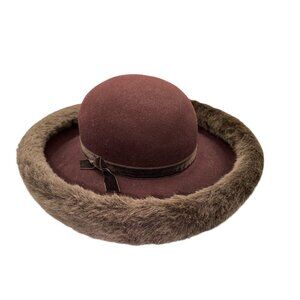 Deborah 100% Wool Brown Faux Fur Brim Crown SZ Med Derby Dress Vtg Made in USA